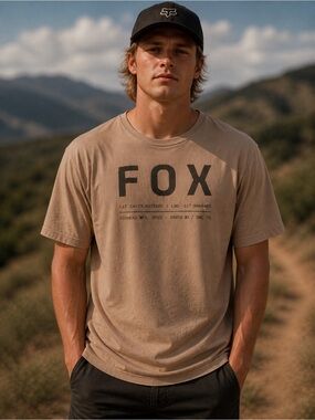 Fox Men's Tan Crew Neck Logo Tee with Black Print